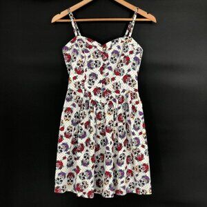 Hell Bunny Womens Sugar Skull & Roses Print Summer Dress S White Cute Goth
